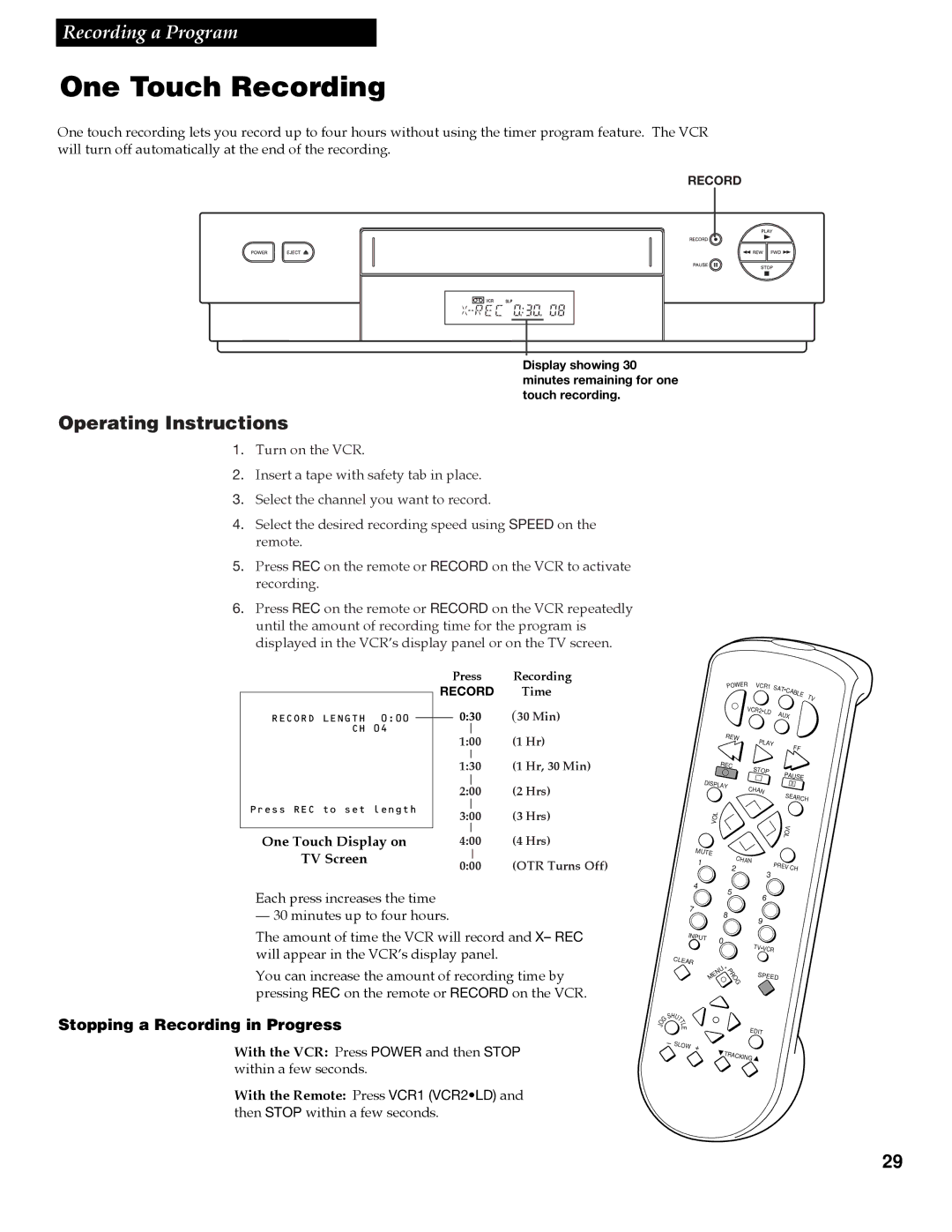 RCA VGM500 manual One Touch Recording, Operating Instructions, One Touch Display on TV Screen 