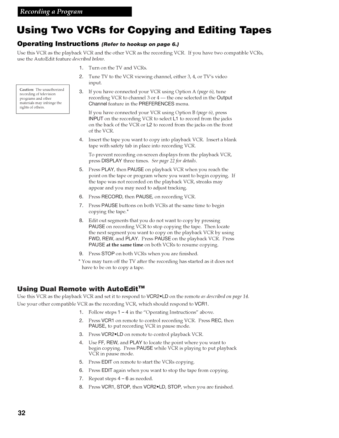 RCA VGM500 manual Using Two VCRs for Copying and Editing Tapes, Using Dual Remote with AutoEditTM 