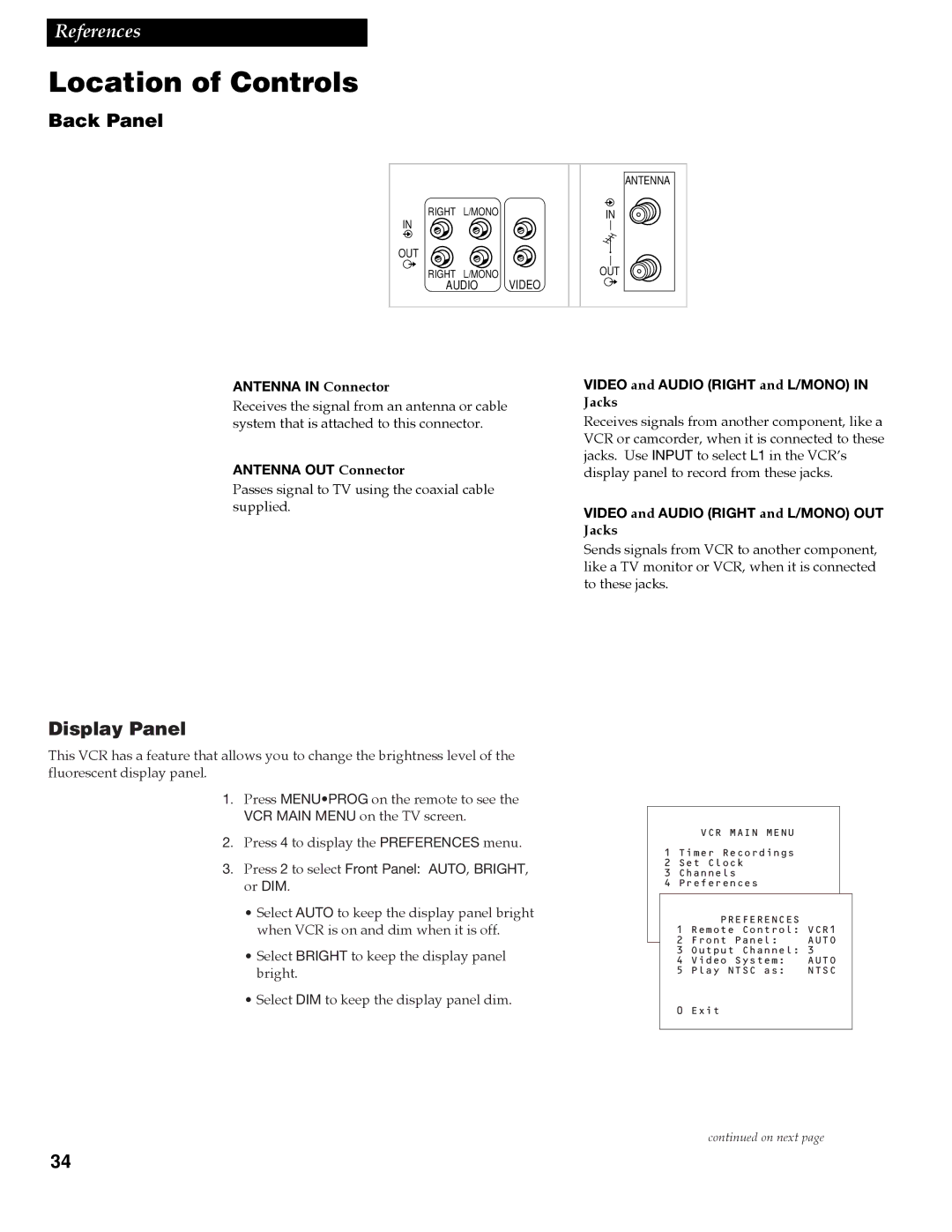 RCA VGM500 manual Back Panel, Display Panel 