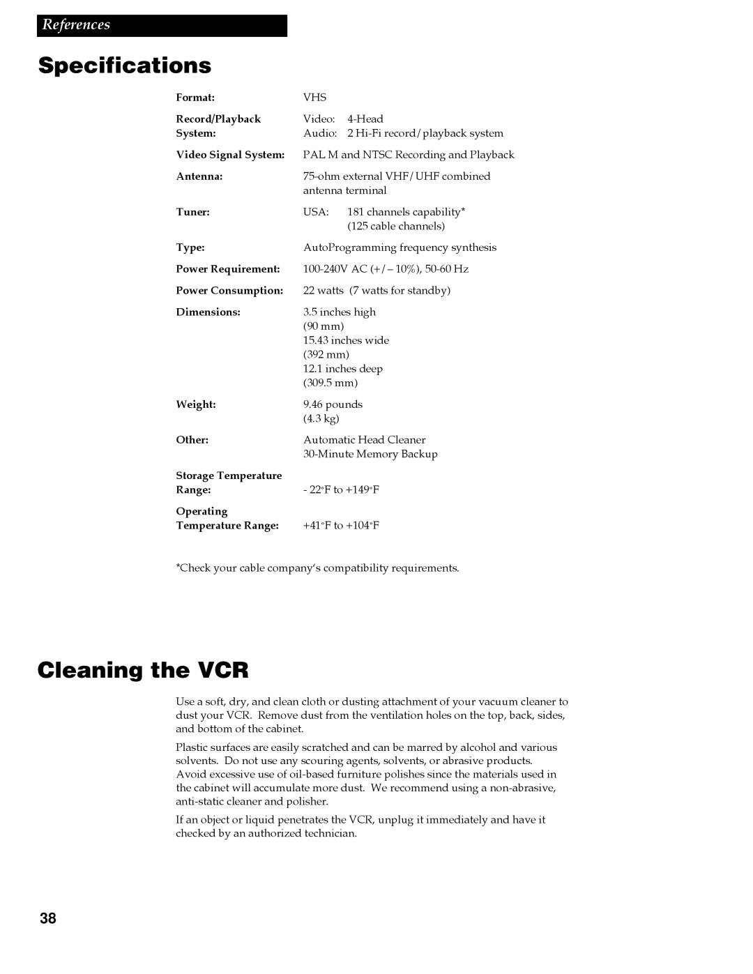 RCA VGM500 manual Specifications, Cleaning the VCR 