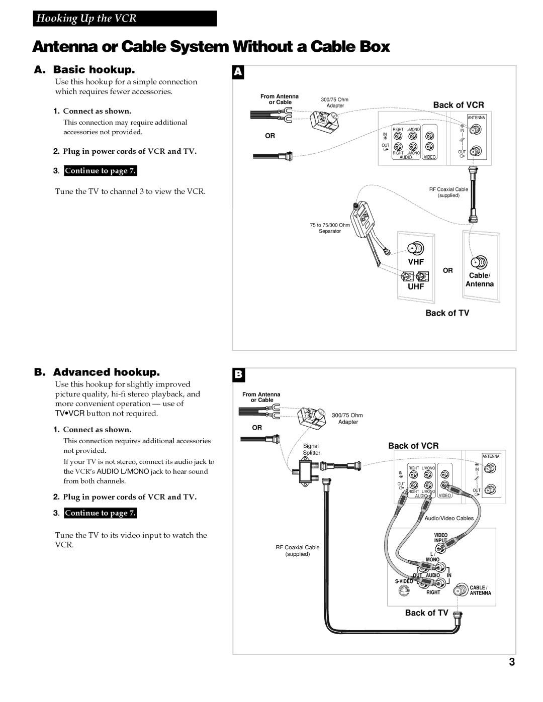 RCA VGM500 manual Antenna or Cable System Without a Cable Box, Basic hookup, Advanced hookup 