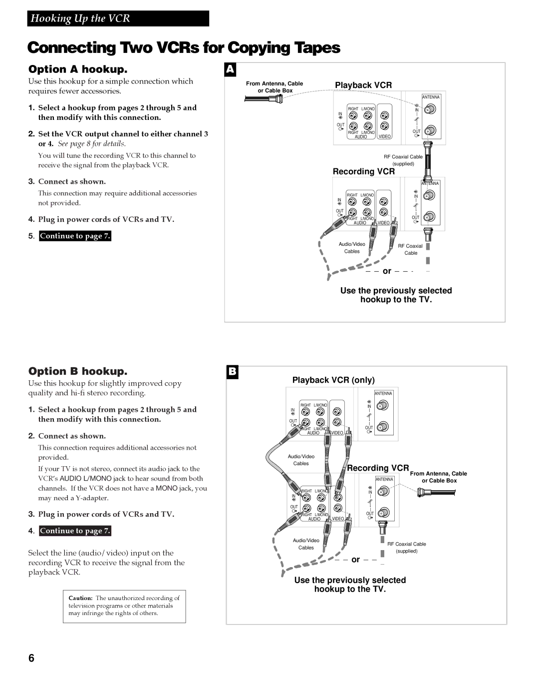 RCA VGM500 Connecting Two VCRs for Copying Tapes, Option a hookup, Option B hookup, Plug in power cords of VCRs and TV 