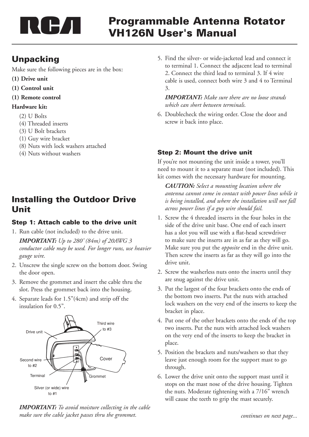 RCA VH126N user manual Unpacking, Installing the Outdoor Drive Unit, Attach cable to the drive unit, Mount the drive unit 