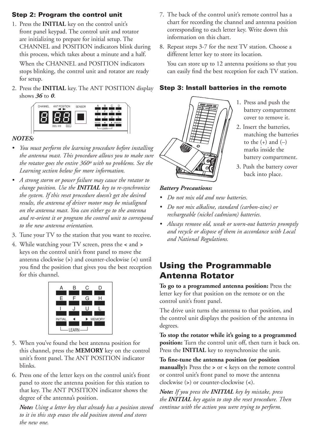 RCA VH126N user manual Using the Programmable Antenna Rotator, Program the control unit, Install batteries in the remote 