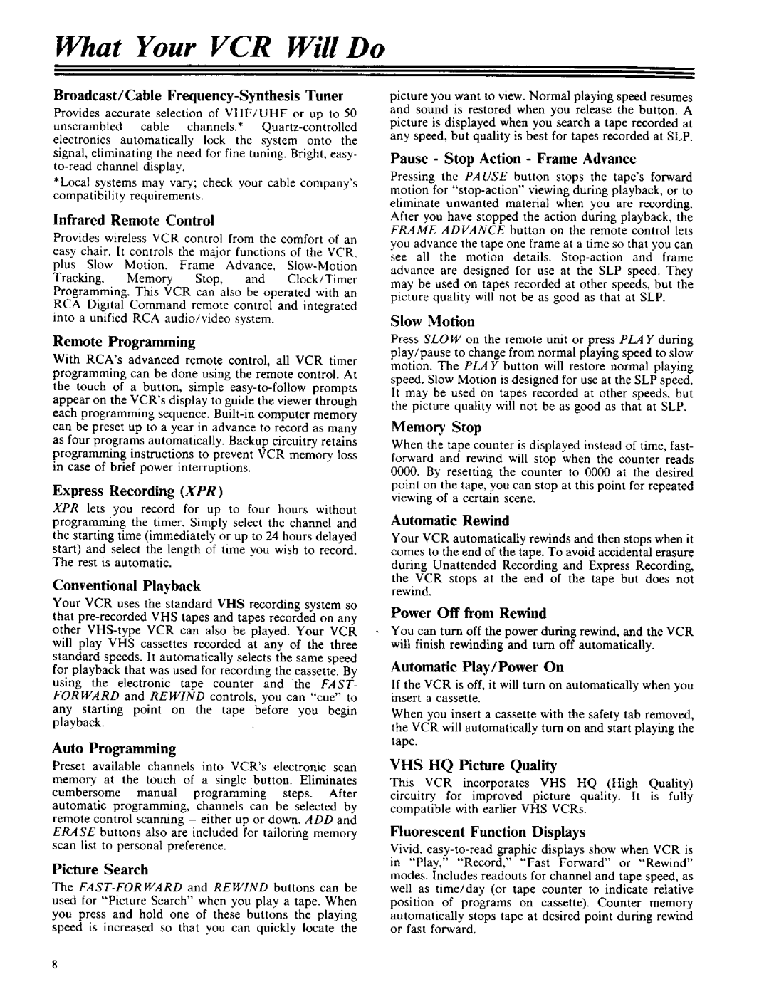 RCA VPT 385 owner manual What Your VCR Will Do 