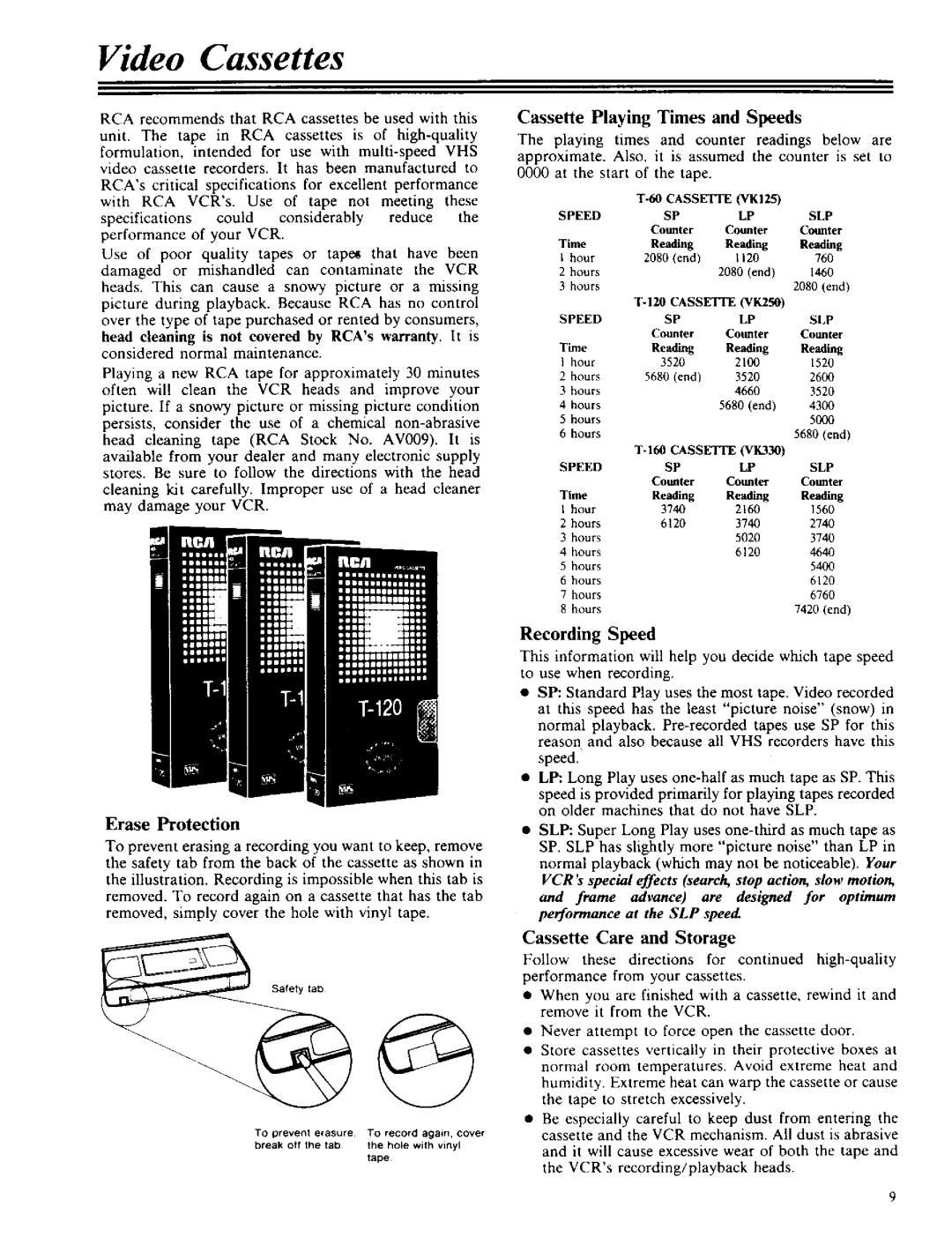 RCA VPT 385 owner manual Video Cassettes, Erase Protection, Cassette Playing Times and Speeds, Recording Speed 