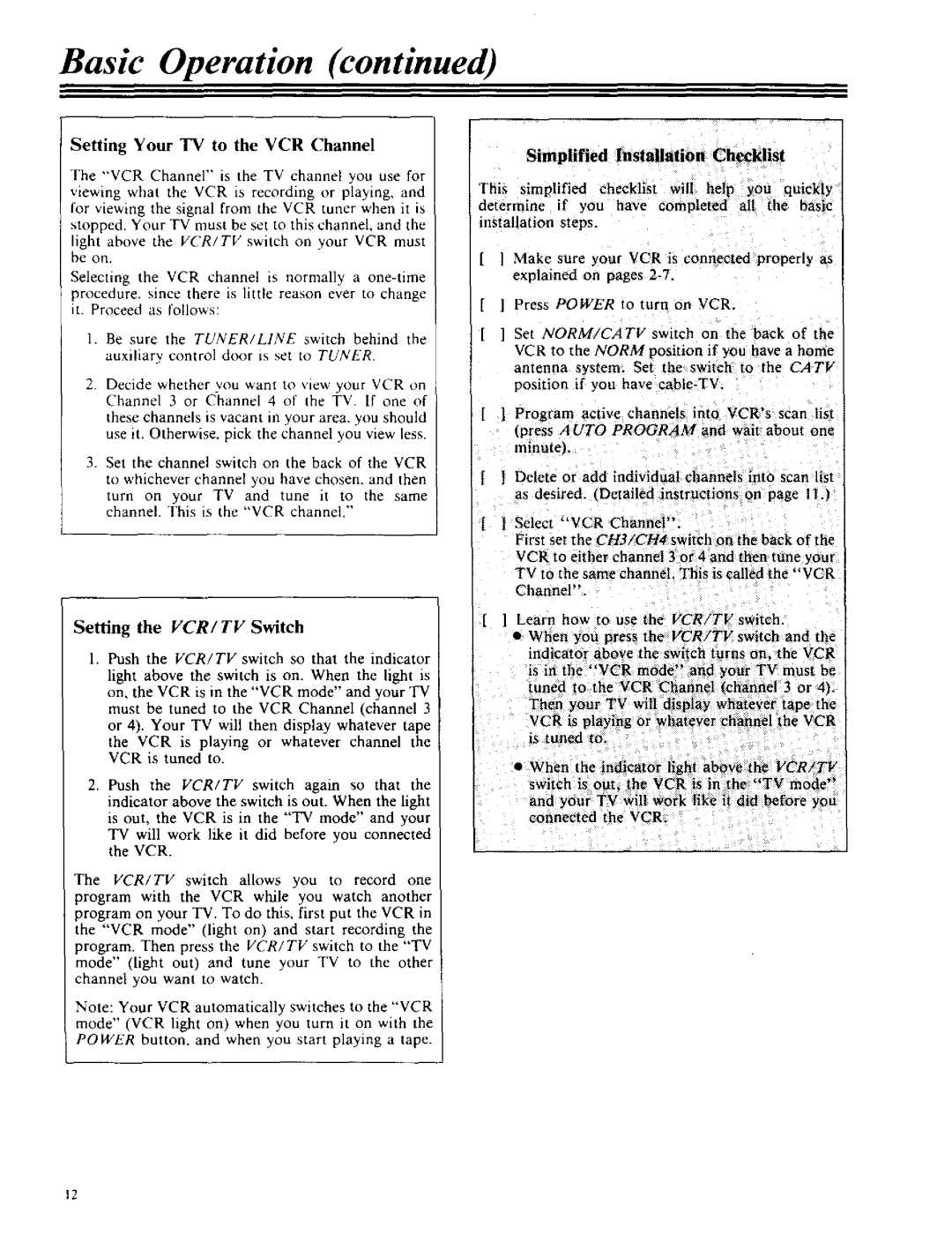 RCA VPT 385 owner manual Setting the VCR/TV Switch, Setting Your IV to the VCR Channel, Simplified Installation Checklist 