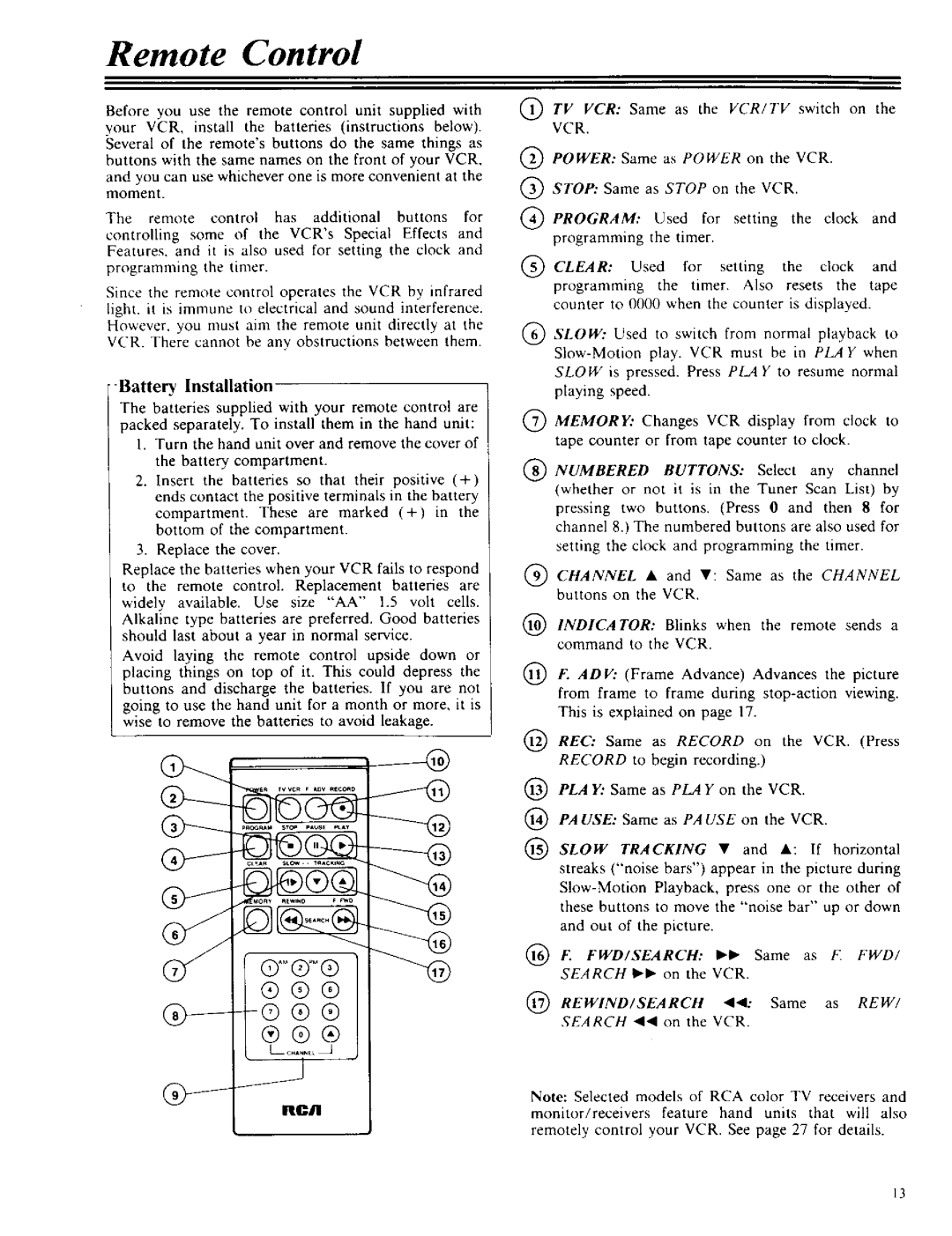 RCA VPT 385 owner manual Remote Control 