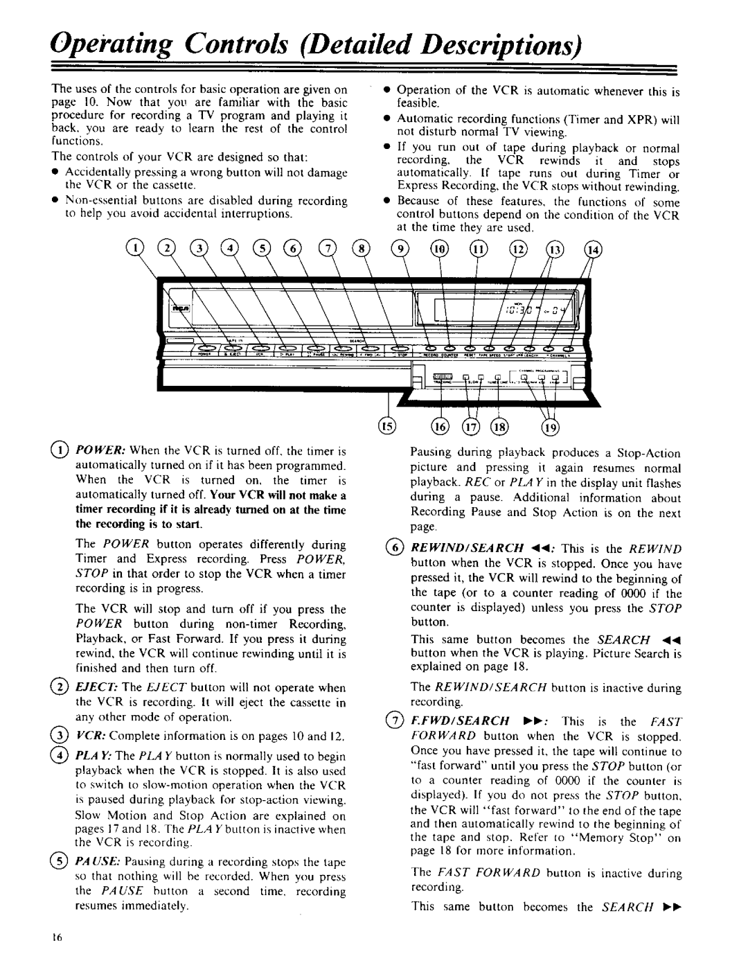 RCA VPT 385 owner manual Operating Controls Detailed Descriptions 