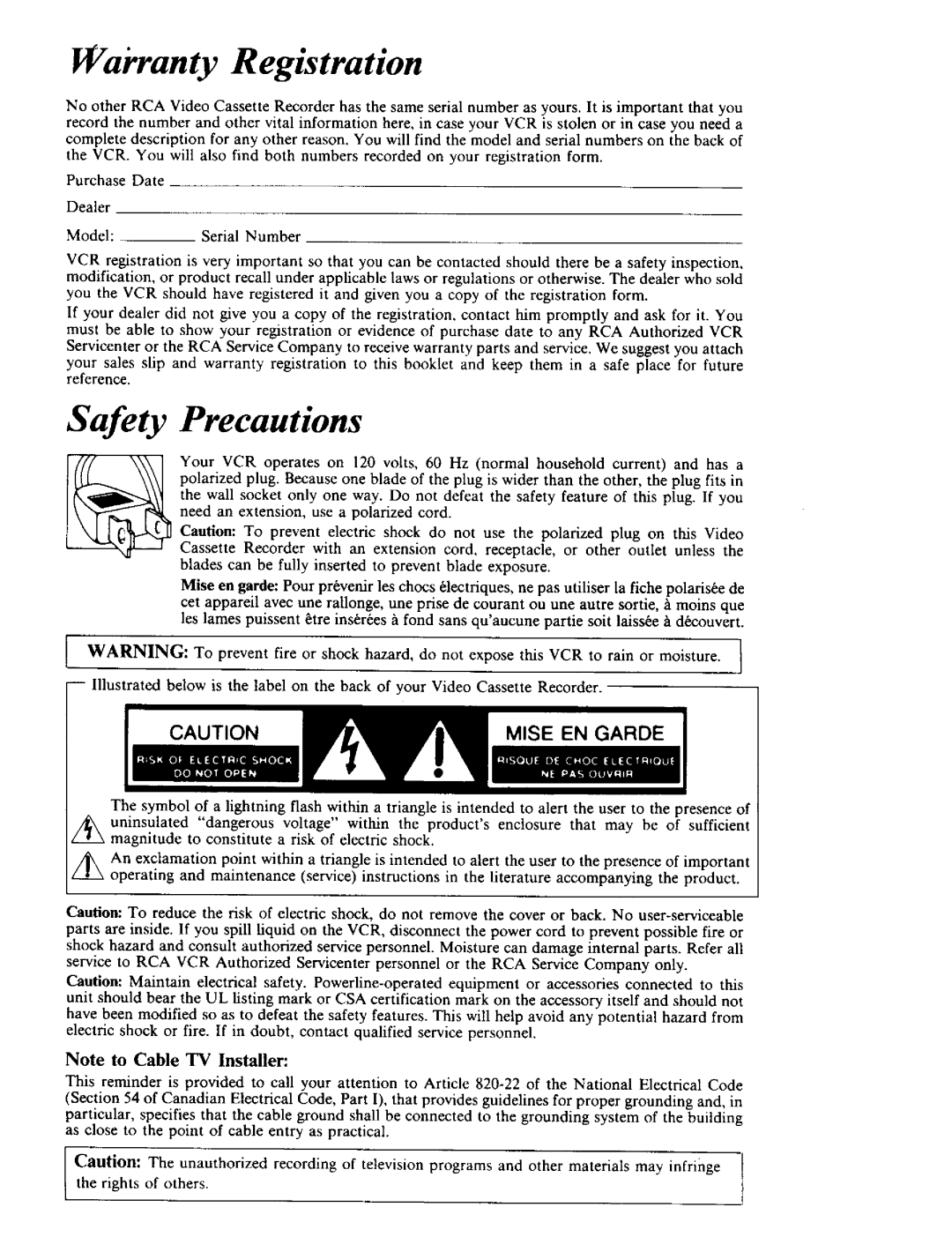 RCA VPT 385 owner manual Safety Precautions, Wai, ranty Registration 