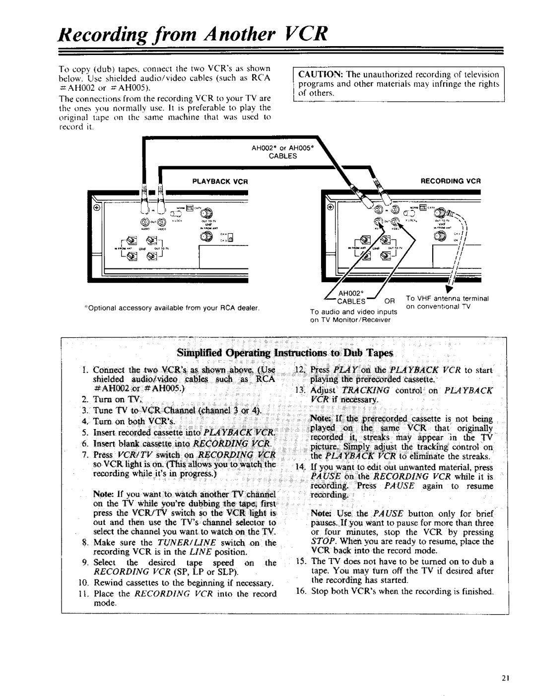 RCA VPT 385 owner manual Recording From, Simplified Operating Instructions to Dub Tapes 