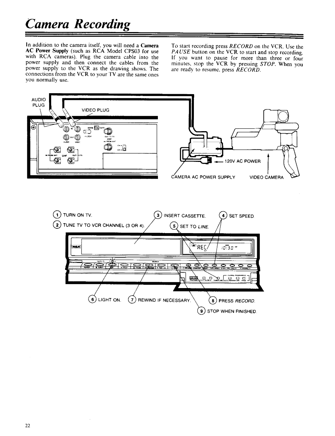 RCA VPT 385 owner manual Camera Recording 