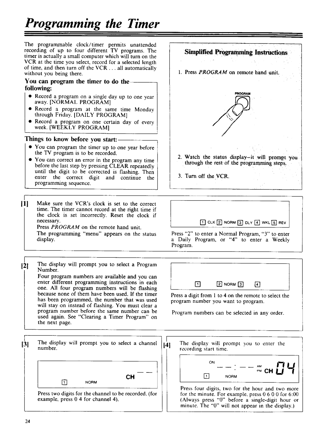 RCA VPT 385 owner manual Programming the Timer, Following, You can program the timer to do, Things to know before you start 