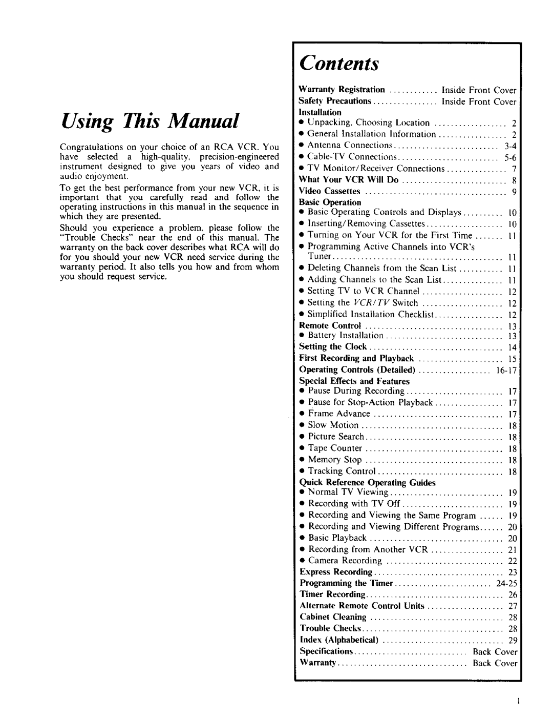 RCA VPT 385 owner manual Using This Manual, Contents 