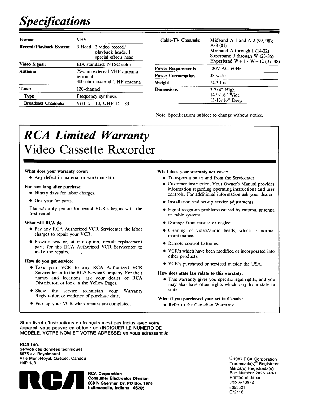 RCA VPT 385 owner manual Specifications 