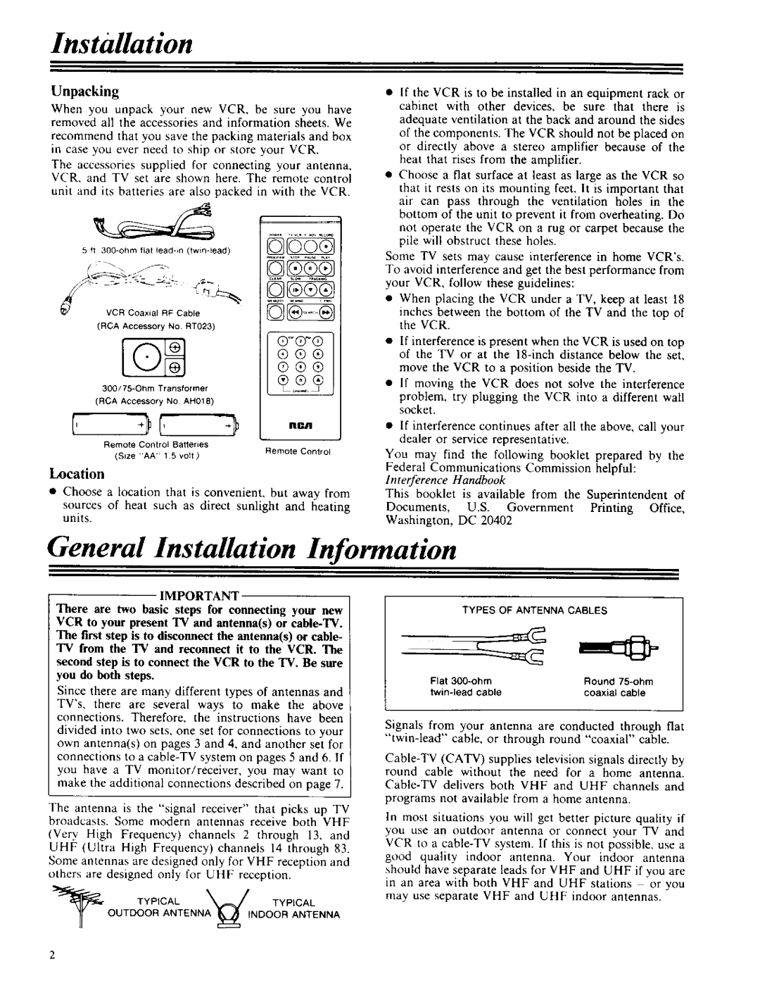 RCA VPT 385 owner manual Installation, Location, When you unpack your new VCR, be sure you have 