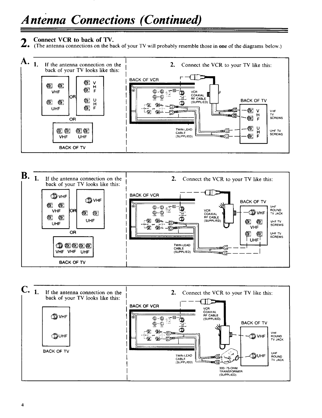 RCA VPT 385 owner manual Antenna Connections, Connect VCR to back of TV 