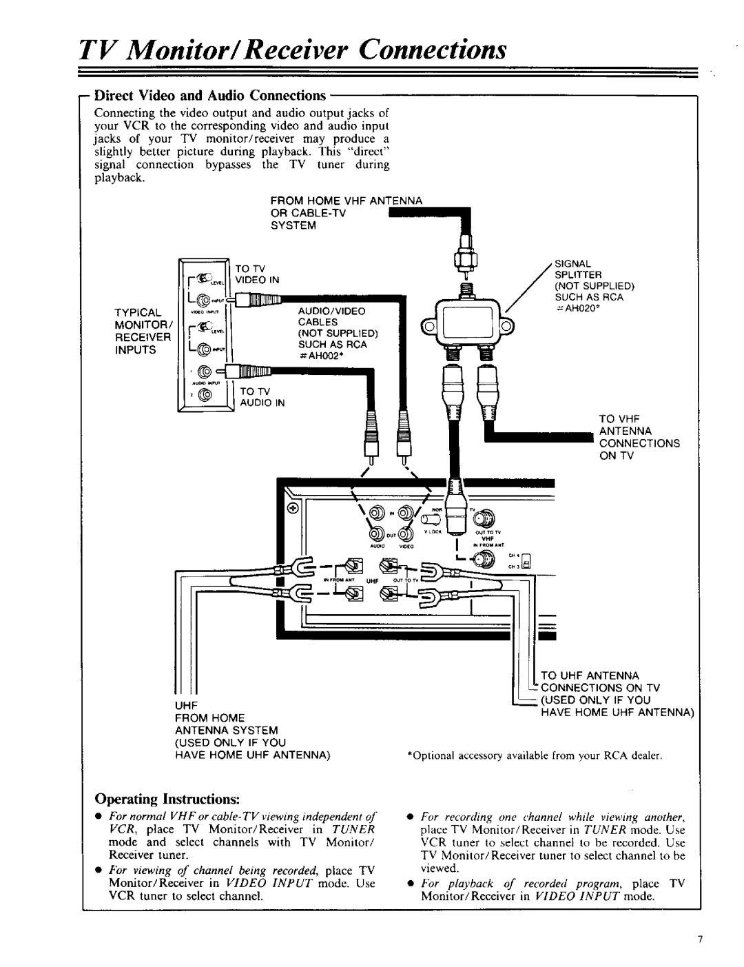 RCA VPT 385 owner manual TV Monitor/Receiver Connections, Direct Video and Audio Connections, Operating Instructions 