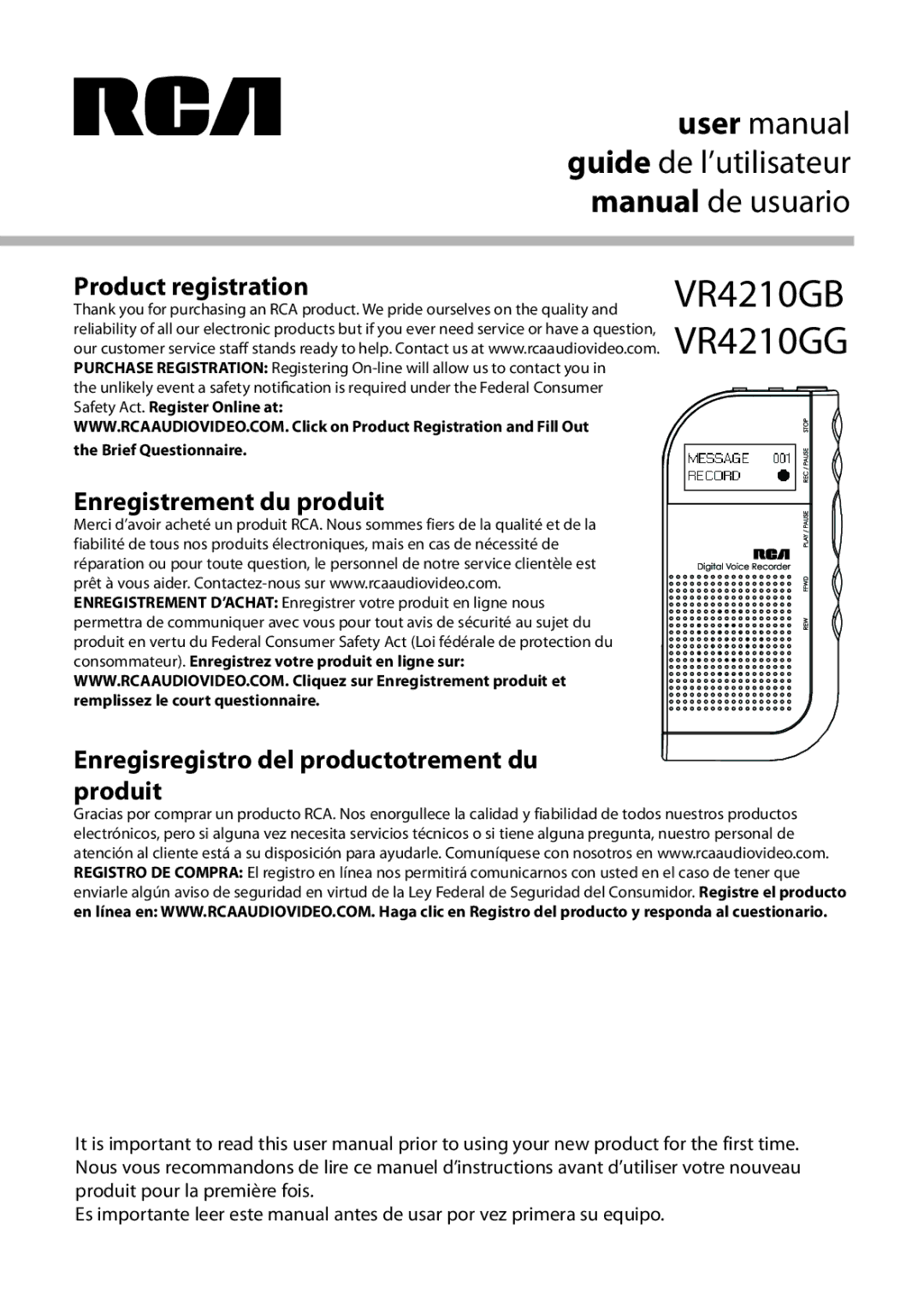 RCA VR210GG user manual VR4210GB VR4210GG, Product registration 