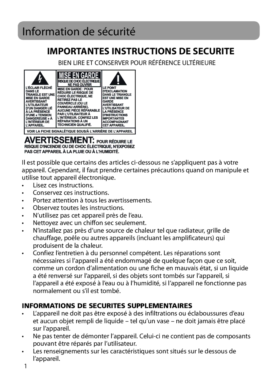 RCA VR210GG, VR4210GB user manual Information de sécurité, Importantes Instructions DE Securite 