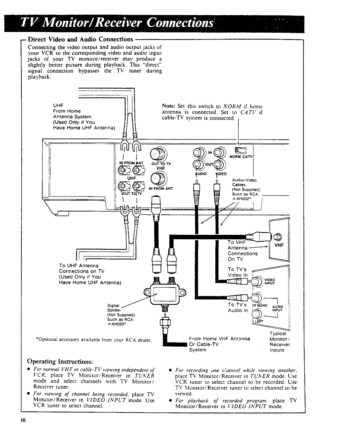 RCA VR270 owner manual Operating Instructions, Direct Video and Audio Connections, To UHF Antenna To TVs 