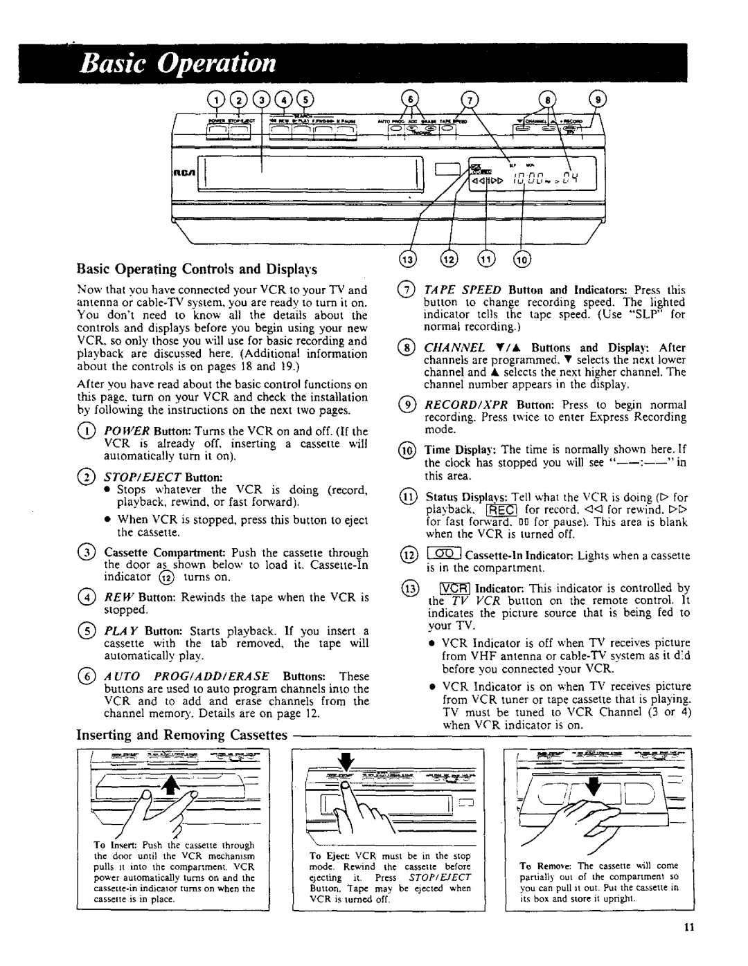 RCA VR270 Basic Operating Controls and Displays, Inserting and Removing Cassettes, UTO PROG/ADD/ERASE Buttons These, Area 