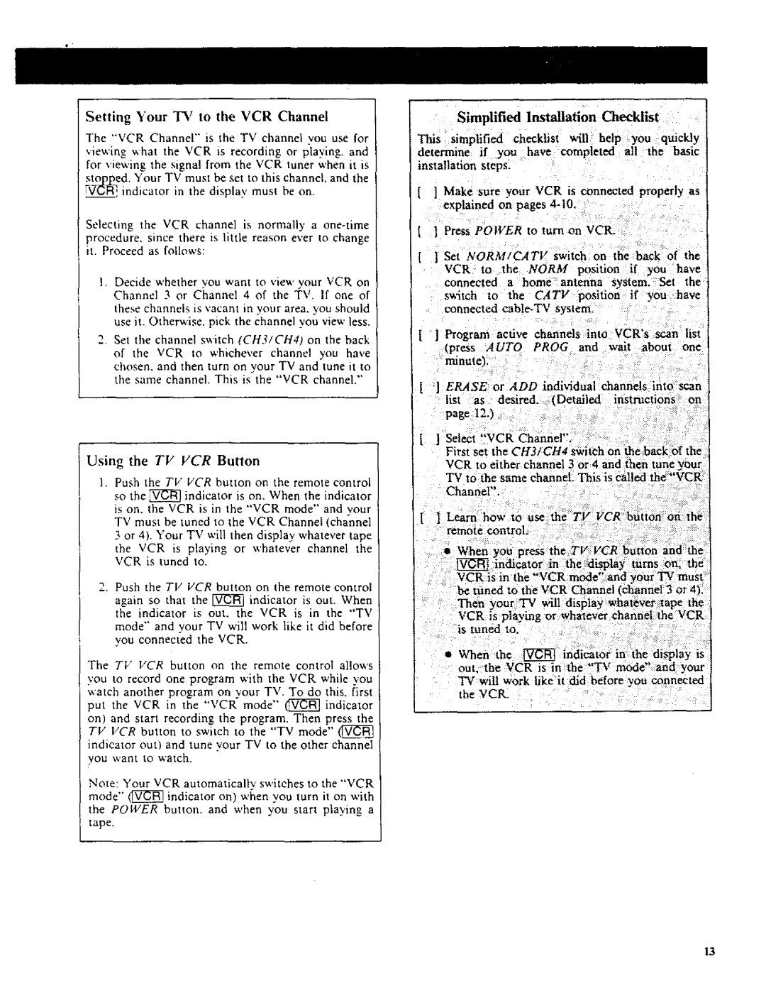 RCA VR270 owner manual Simplified Installation Checklist, Setting Your IV to the VCR Channel, Using the TV VCR Button 