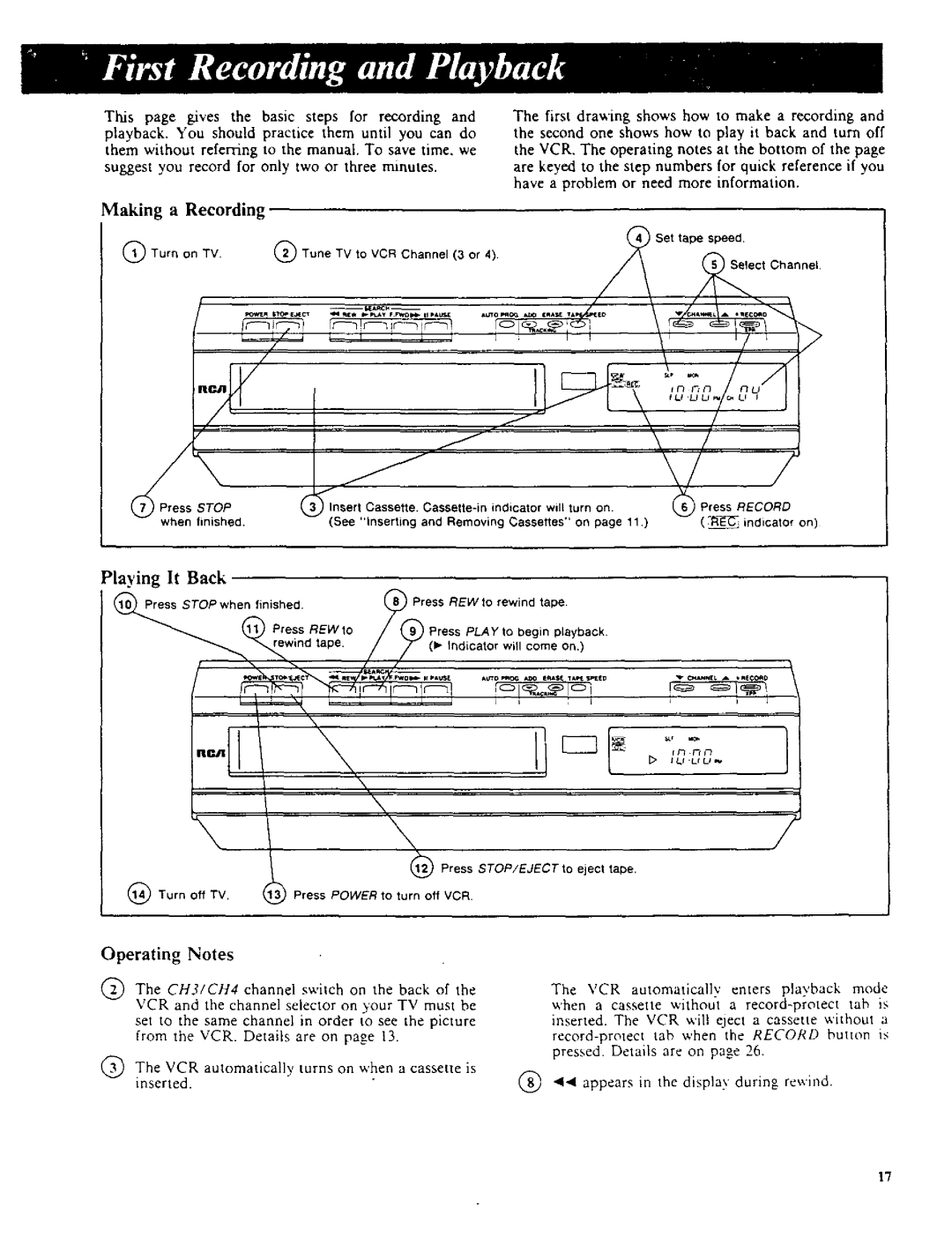 RCA VR270 owner manual Making a Recording, Playing It Back, Operating Notes, Turn on Press, Removing Cassettes 