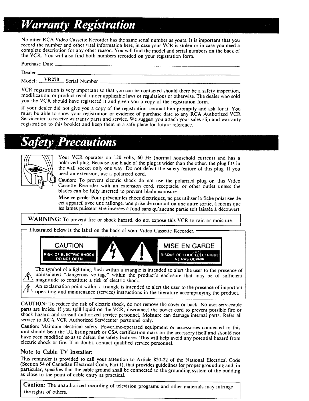 RCA owner manual Dealer Model VR270 Serial Number 