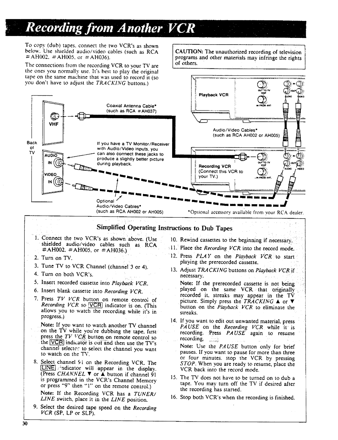 RCA VR270 owner manual Simplified Operating Instructions, Dub Tapes 