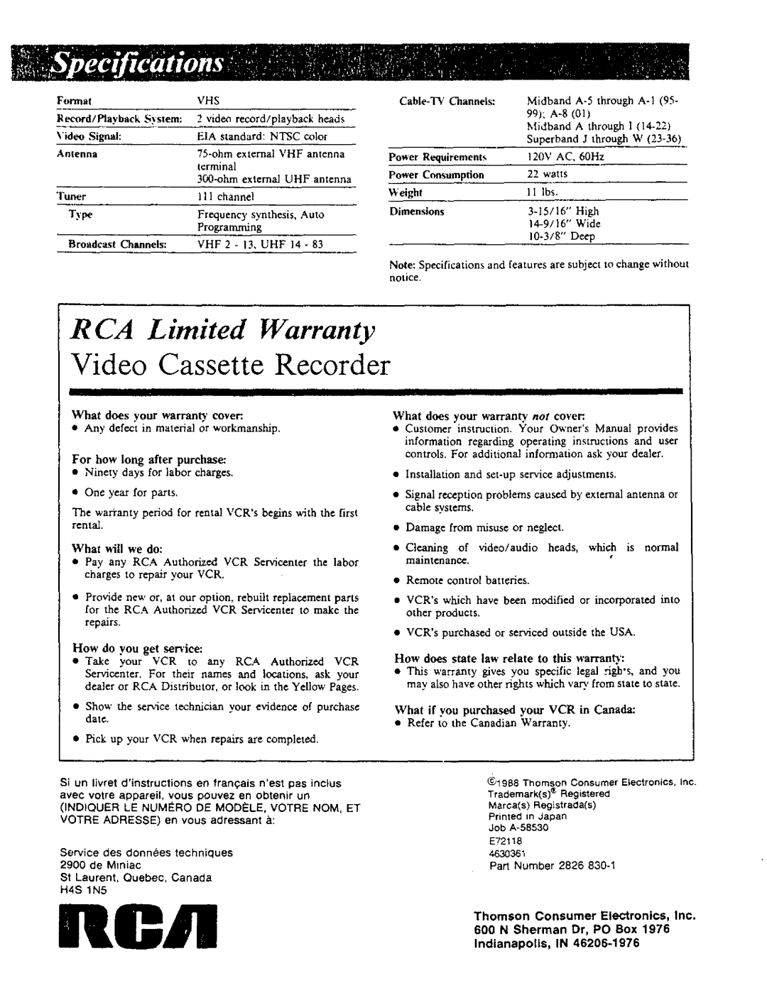 RCA VR270 owner manual Thomson Consumer Electronics, Inc, Marcas Registraclas Job A-58530 E72t, Part Number 2826 