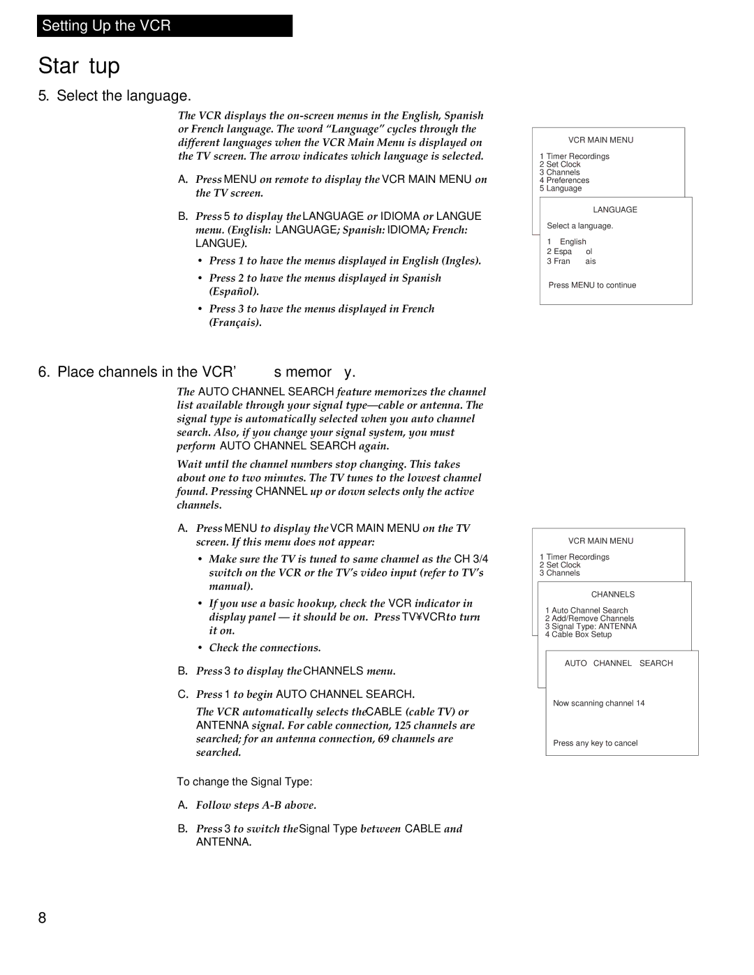 RCA VR336 manual Select the language, Place channels in the VCR’s memory 