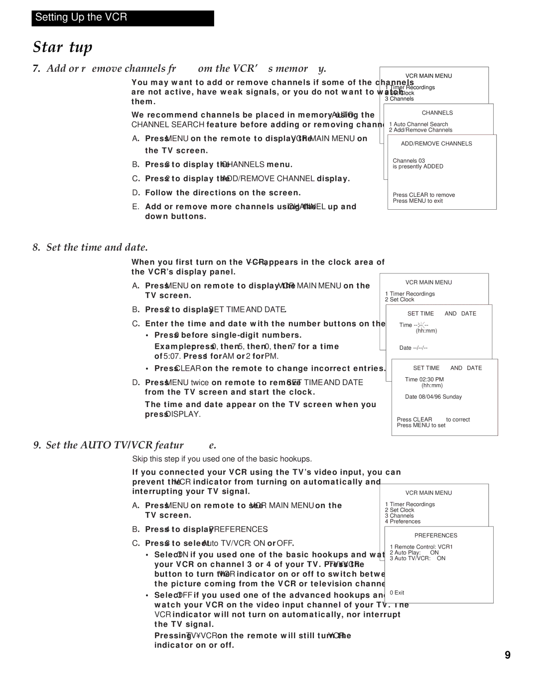 RCA VR336 manual Add or remove channels from the VCR’s memory, Set the time and date, Set the Auto TV/VCR feature 