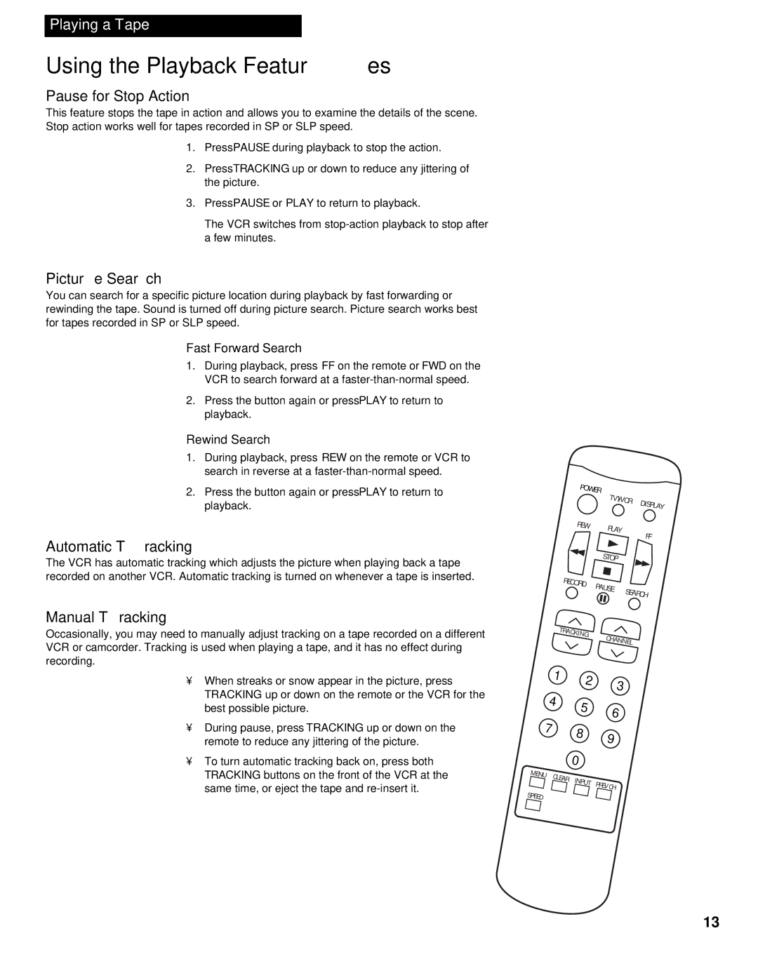 RCA VR336 manual Pause for Stop Action, Picture Search, Automatic Tracking, Manual Tracking 