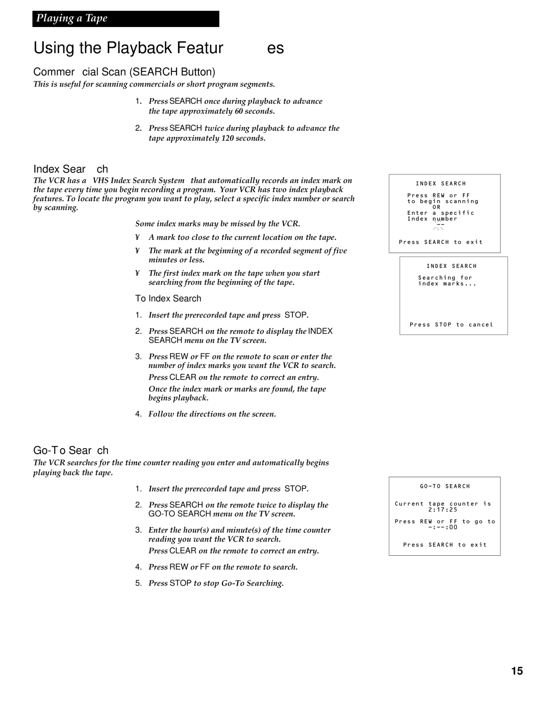 RCA VR336 manual Commercial Scan Search Button, Go-To Search, To Index Search 