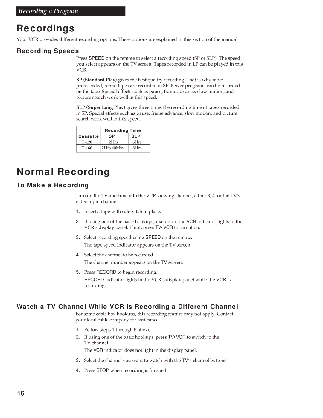 RCA VR336 manual Recordings, Normal Recording, Recording Speeds, To Make a Recording 