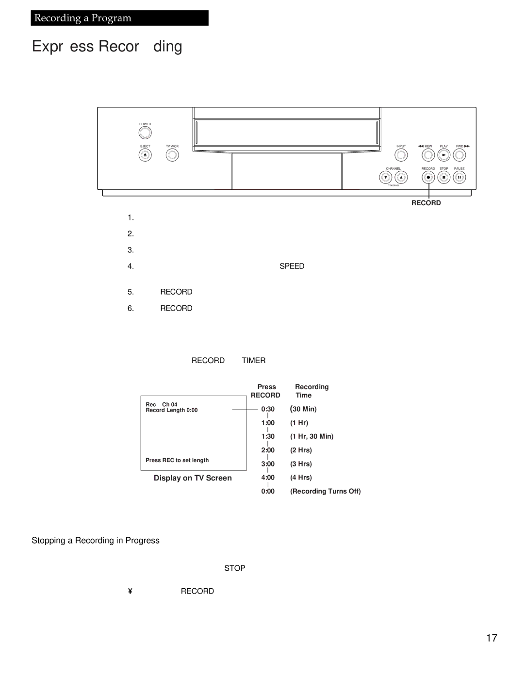 RCA VR336 manual Express Recording, Stopping a Recording in Progress, Display on TV Screen 