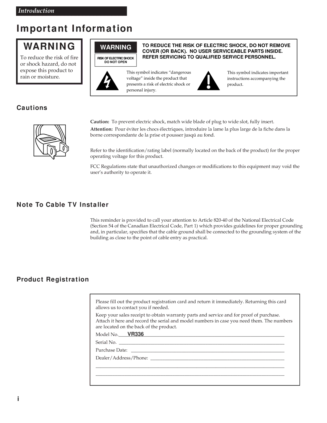 RCA VR336 manual Important Information, Product Registration 