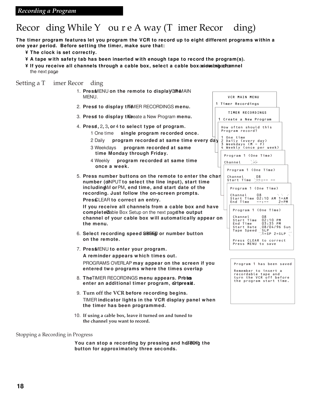 RCA VR336 manual Recording While You’re Away Timer Recording, Setting a Timer Recording 