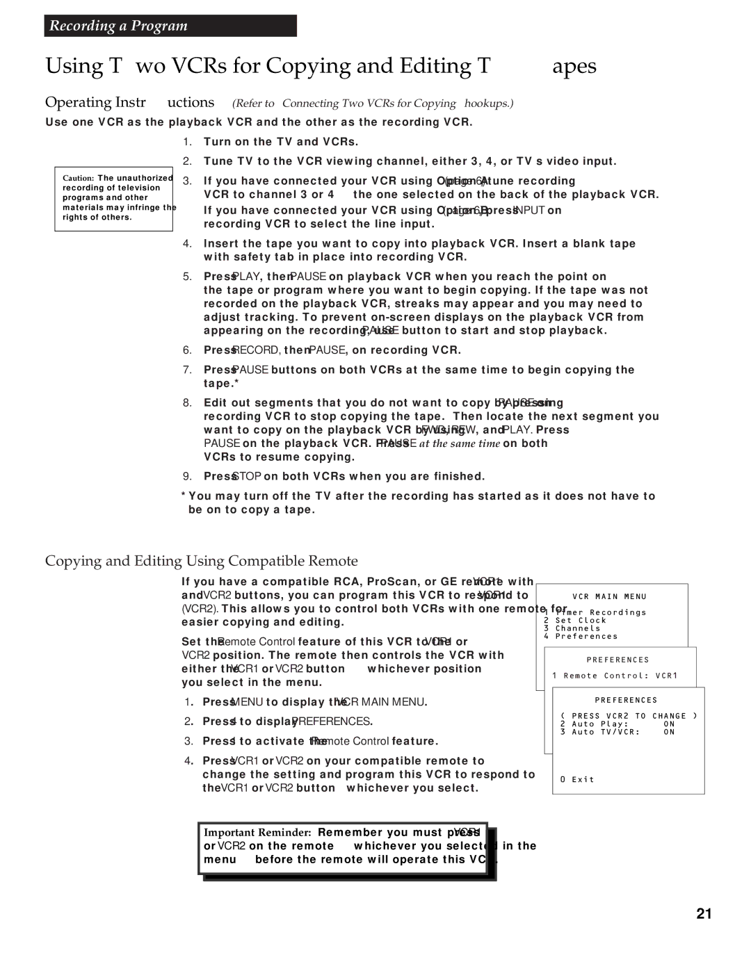 RCA VR336 manual Using Two VCRs for Copying and Editing Tapes, Copying and Editing Using Compatible Remote 