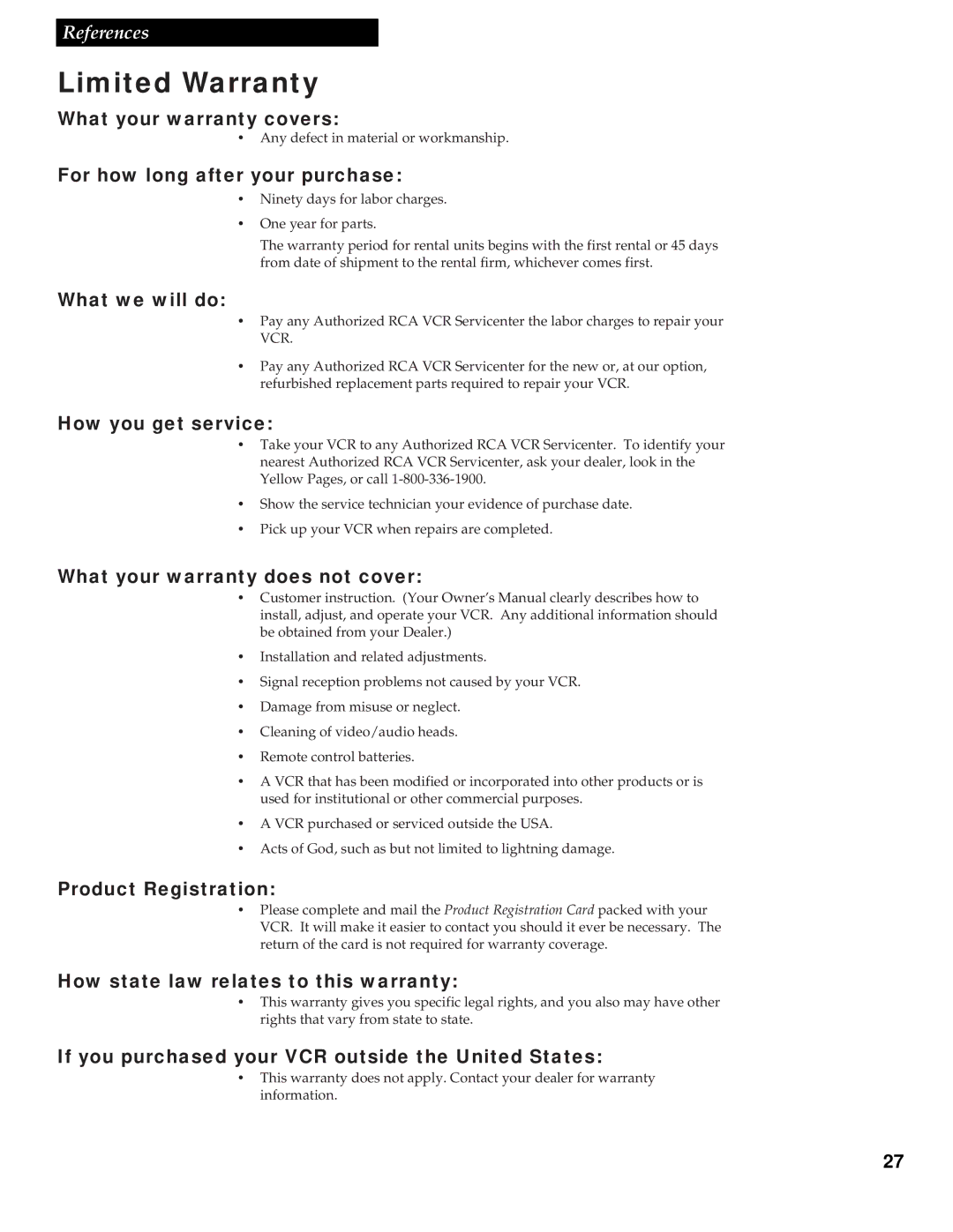 RCA VR336 manual Limited Warranty 