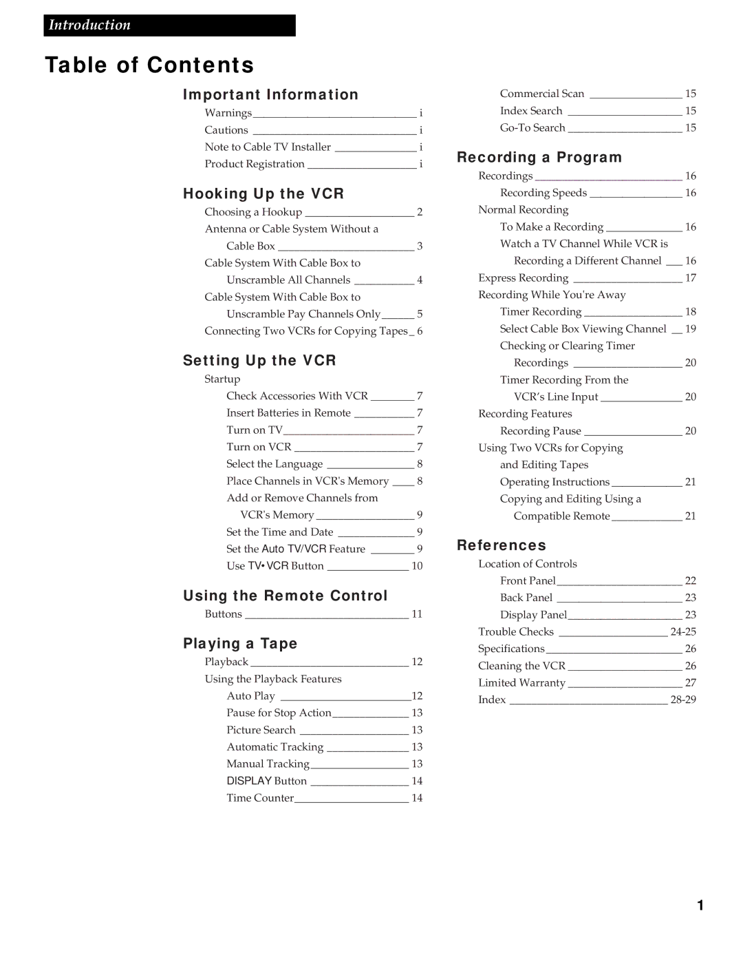 RCA VR336 manual Table of Contents 