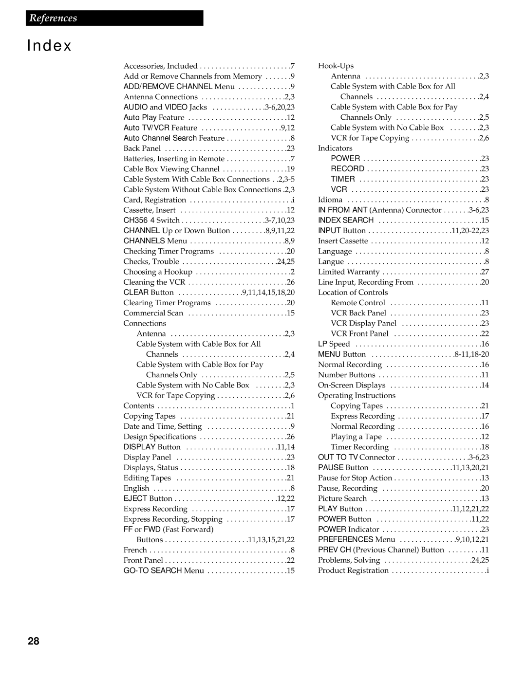 RCA VR336 manual Index 