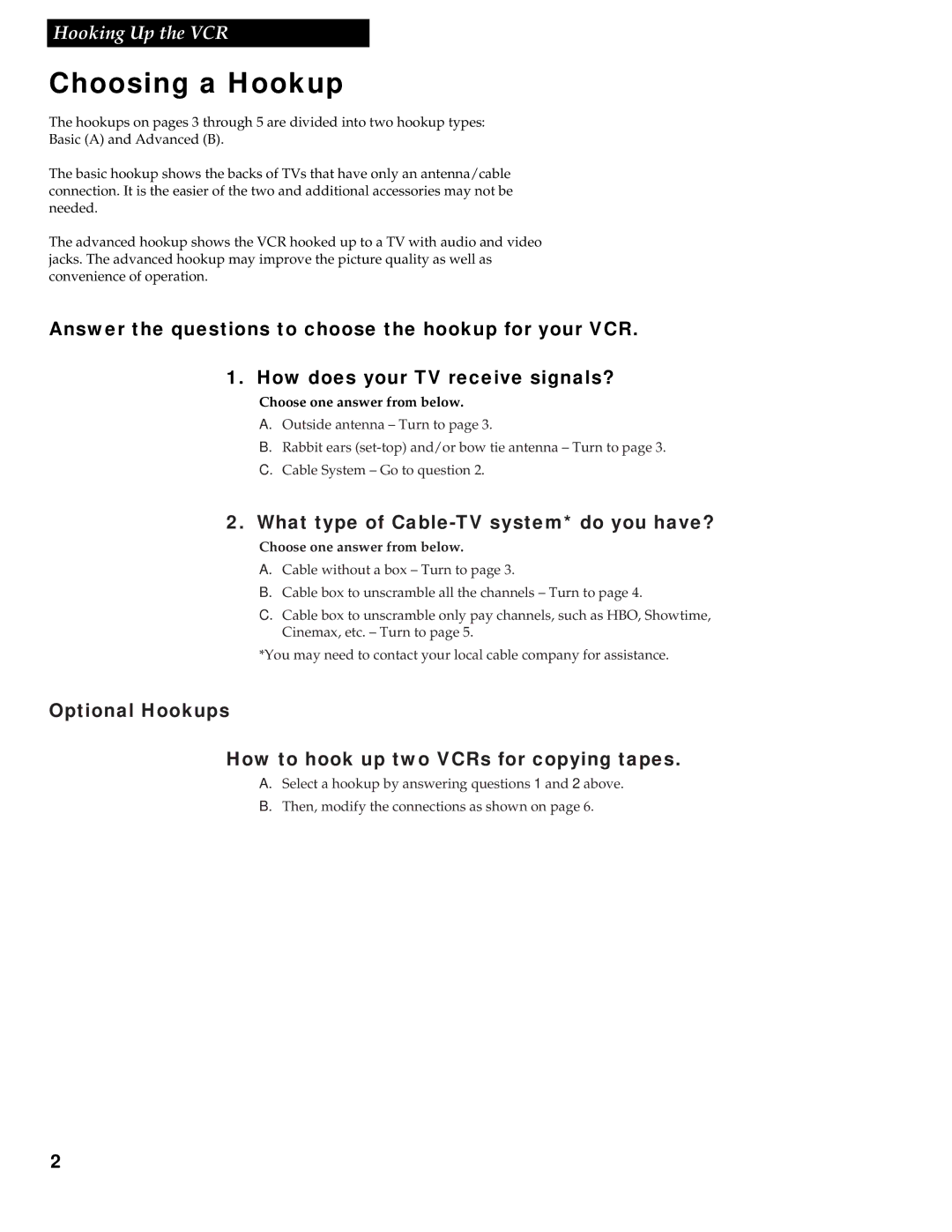 RCA VR336 manual Choosing a Hookup, What type of Cable-TV system* do you have?, Choose one answer from below 