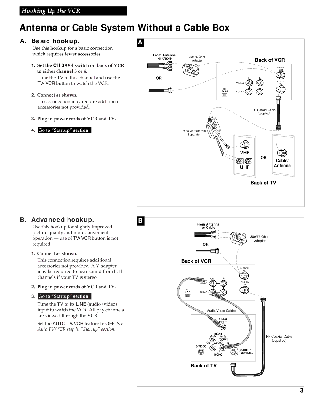 RCA VR336 manual Antenna or Cable System Without a Cable Box, Basic hookup, Advanced hookup, Back of VCR, Back of TV 