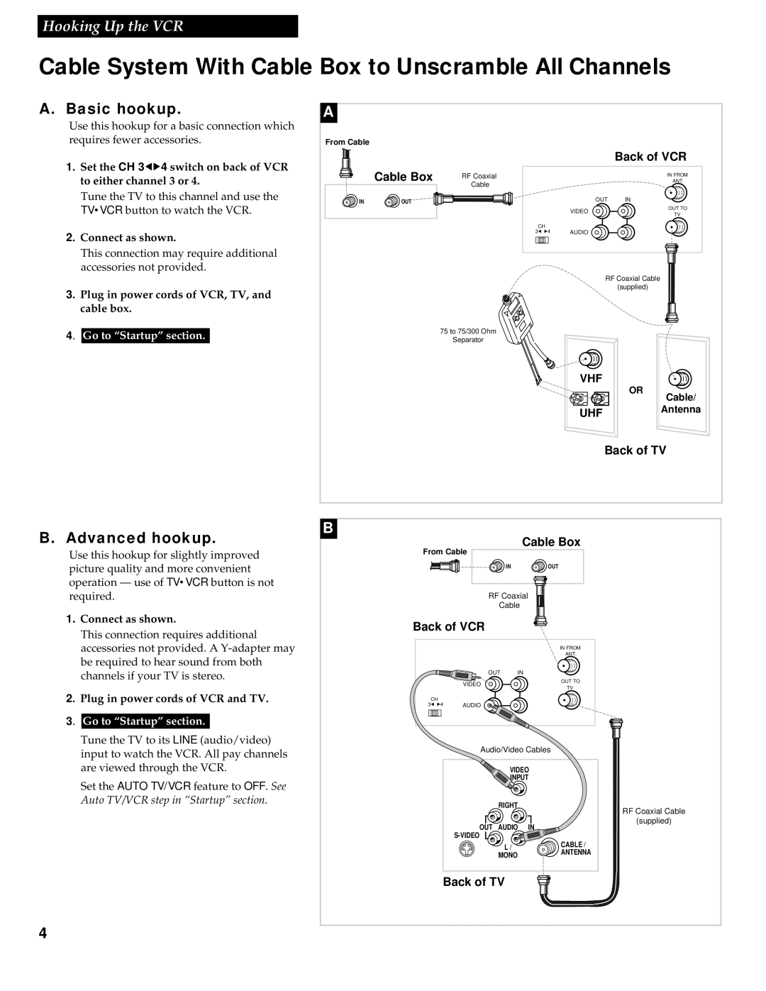 RCA VR336 manual Cable System With Cable Box to Unscramble All Channels, Plug in power cords of VCR, TV, and cable box 