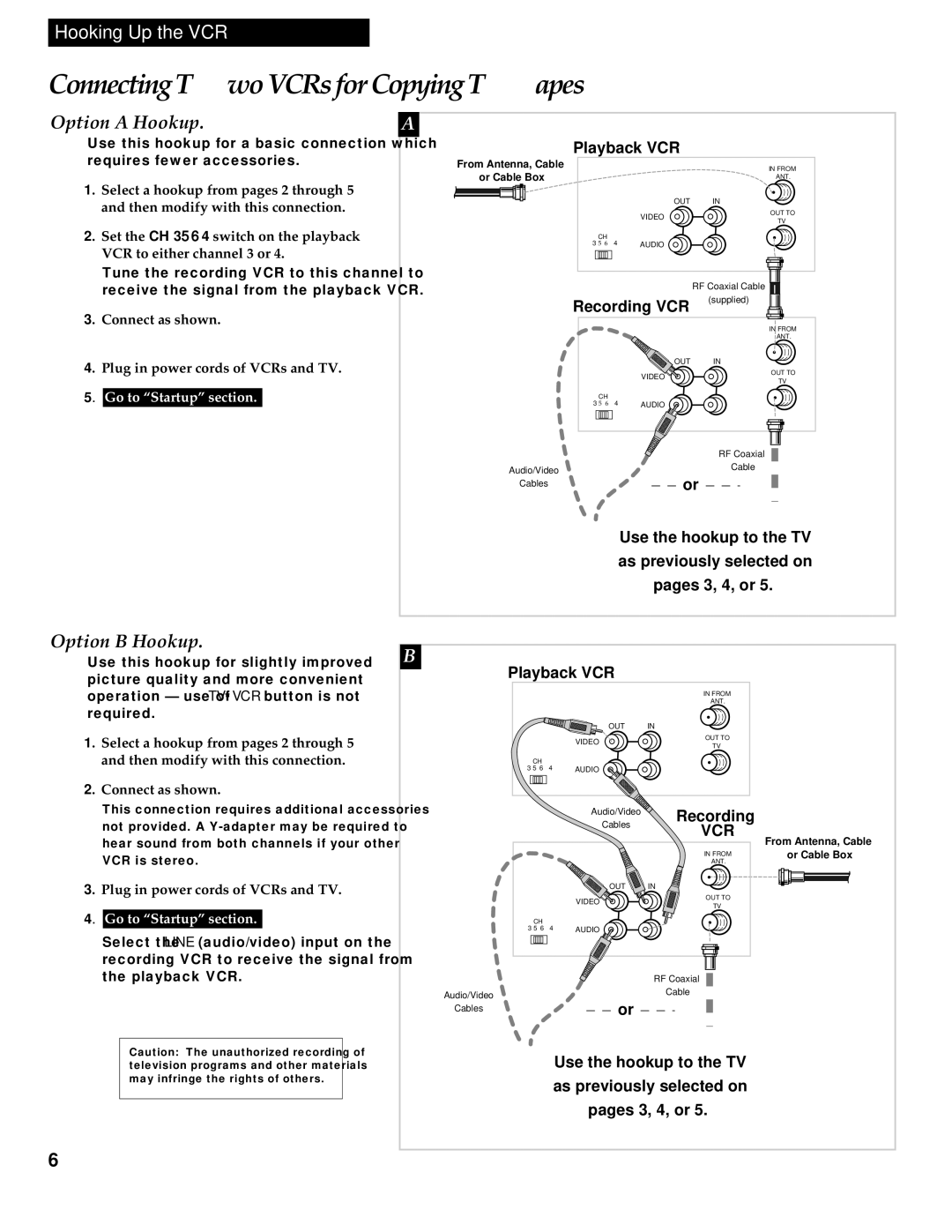 RCA VR336 manual Connecting Two VCRs for Copying Tapes, Option a Hookup, Option B Hookup, Recording 