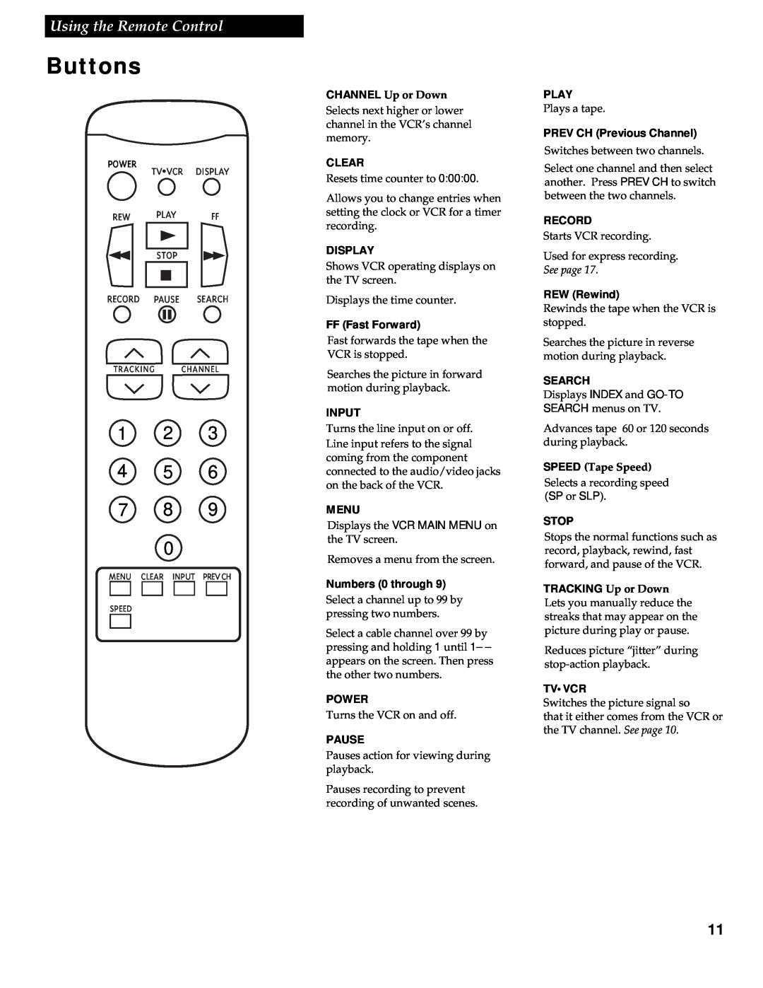 RCA VR336 manual Buttons, Using the Remote Control, 1 2 4 5 7, CHANNEL Up or Down, SPEED Tape Speed 