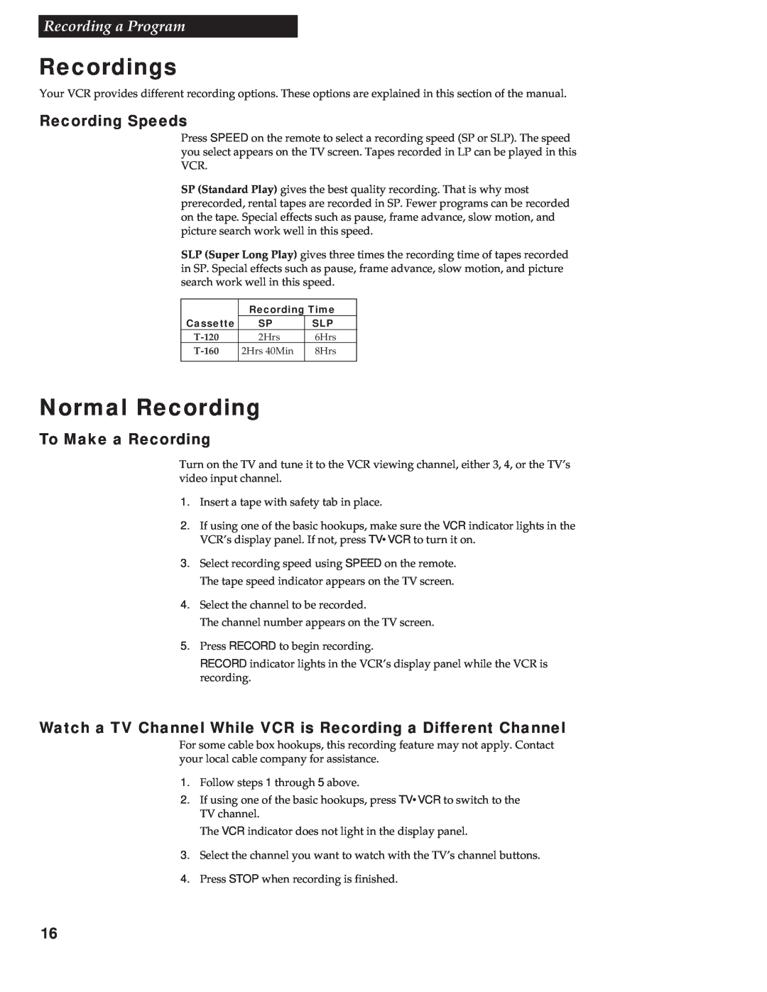 RCA VR336 manual Recordings, Normal Recording, Recording a Program, Recording Speeds, To Make a Recording 