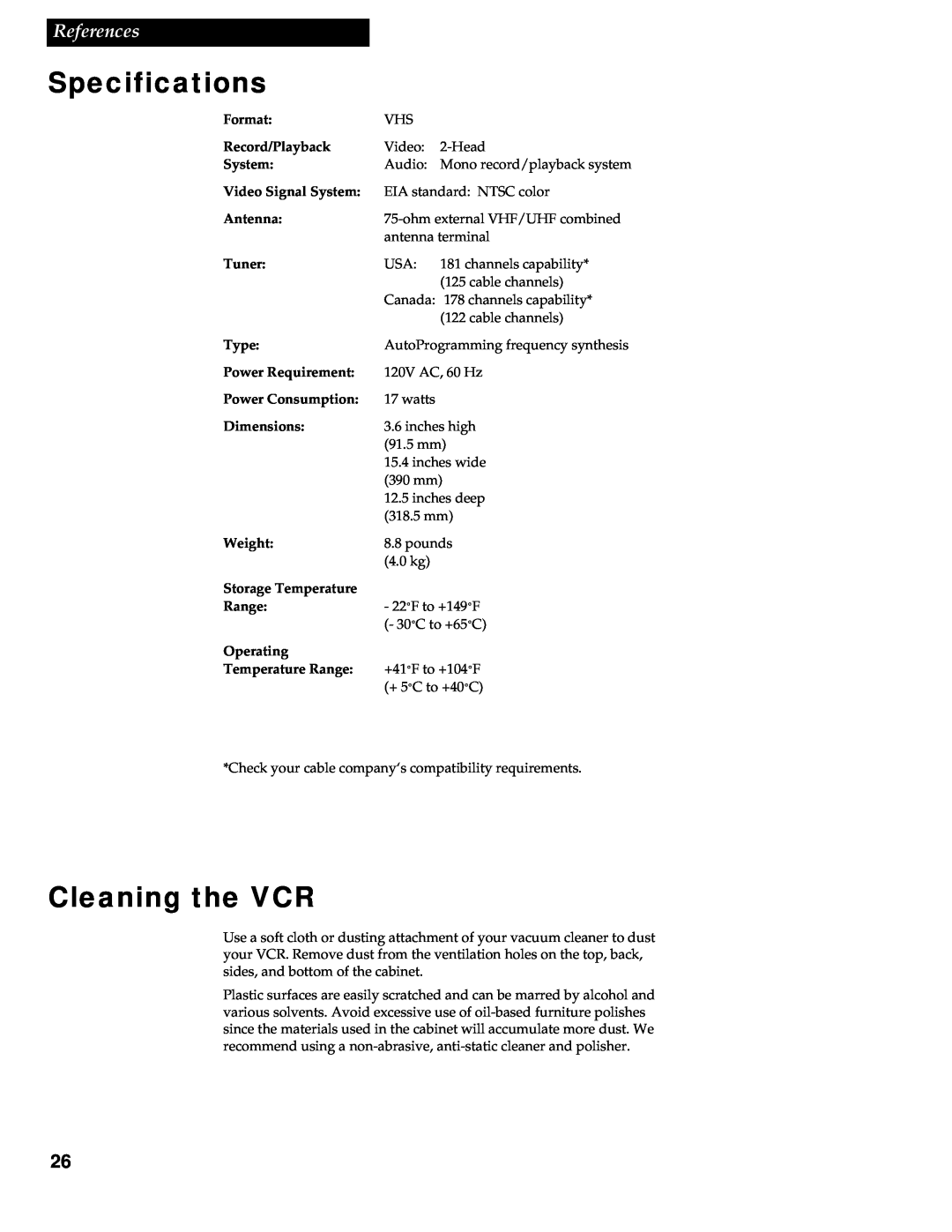 RCA VR336 Specifications, Cleaning the VCR, References, Format, Record/Playback, Video Signal System, Antenna, Tuner 